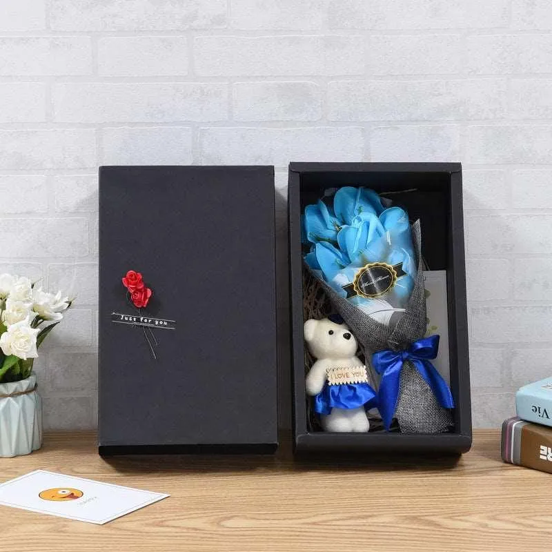 2-layer Flower Head Rose With Bear Preserved Flower Bouquet Khaki Gift Packaging