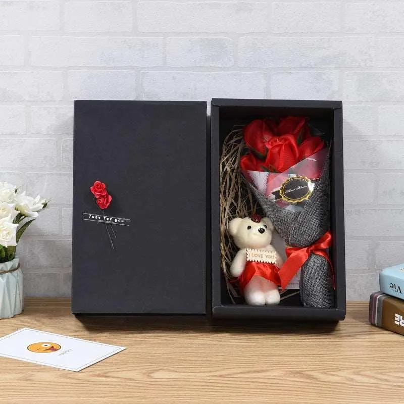 2-layer Flower Head Rose With Bear Preserved Flower Bouquet Khaki Gift Packaging