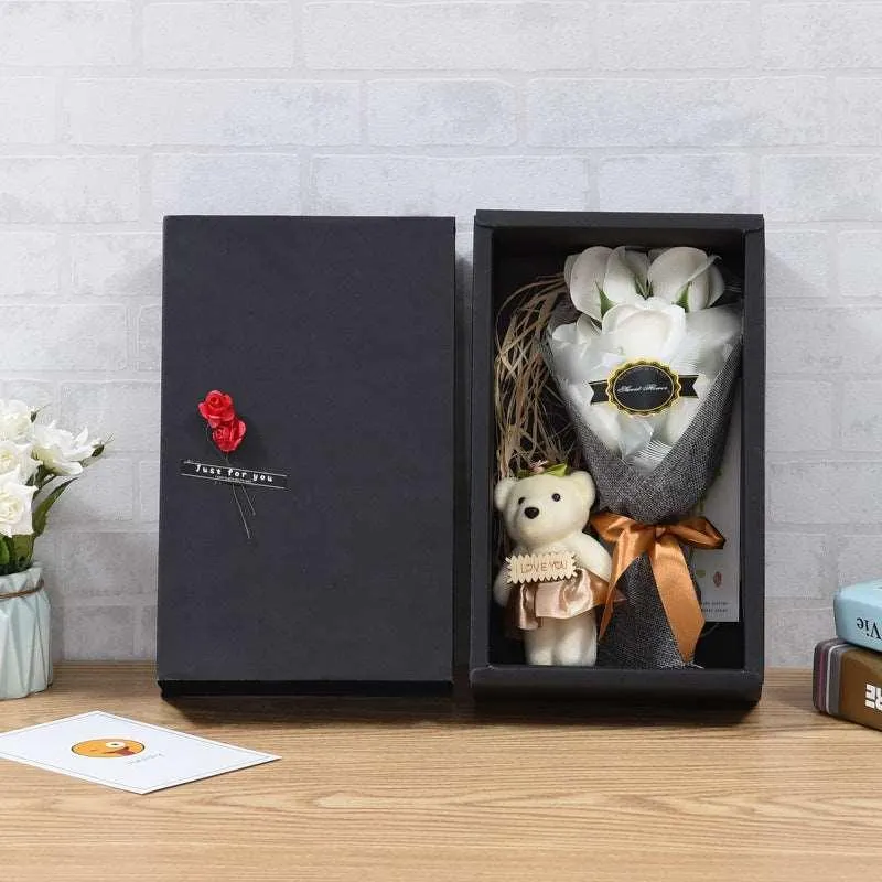 2-layer Flower Head Rose With Bear Preserved Flower Bouquet Khaki Gift Packaging