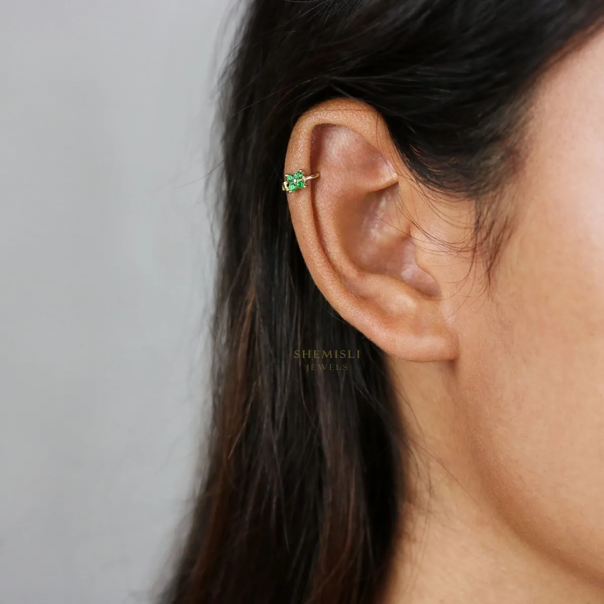 4 Leaf Clover Emerald CZ Helix Hoops, Unisex, Gold, Silver SHEMISLI SH198