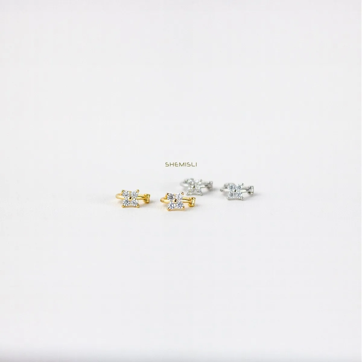 4 Leaf Clover White CZ Helix Hoops, Unisex, Gold, Silver SHEMISLI - SH099, SH220, SH222