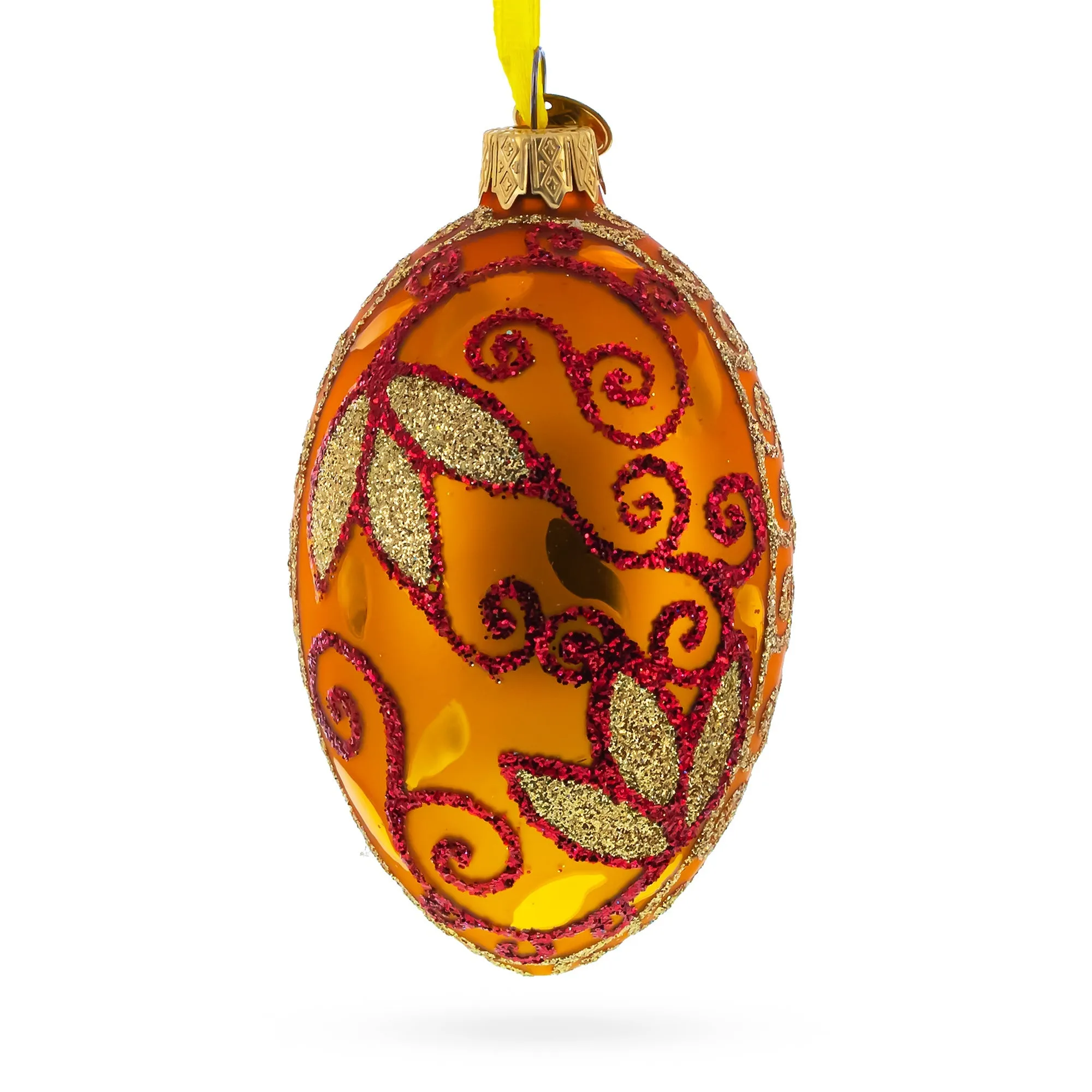 Autumn Leaves On Gold Glass Egg Christmas Ornament 4 Inches