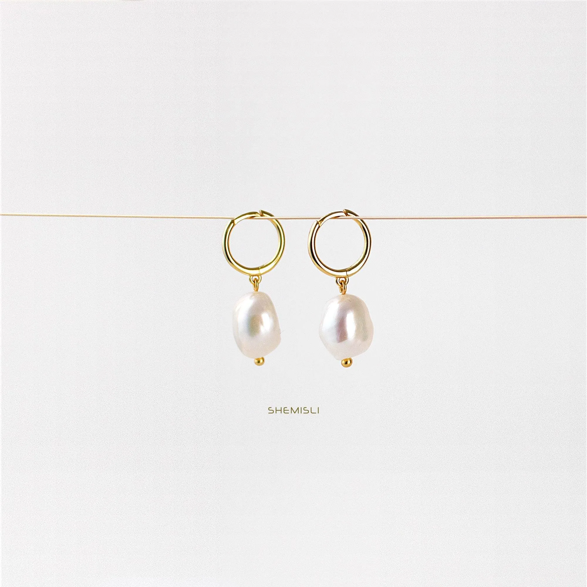 Baroque Pearl Drop Hoop Earrings, Huggies, Gold, Silver SHEMISLI - SH123