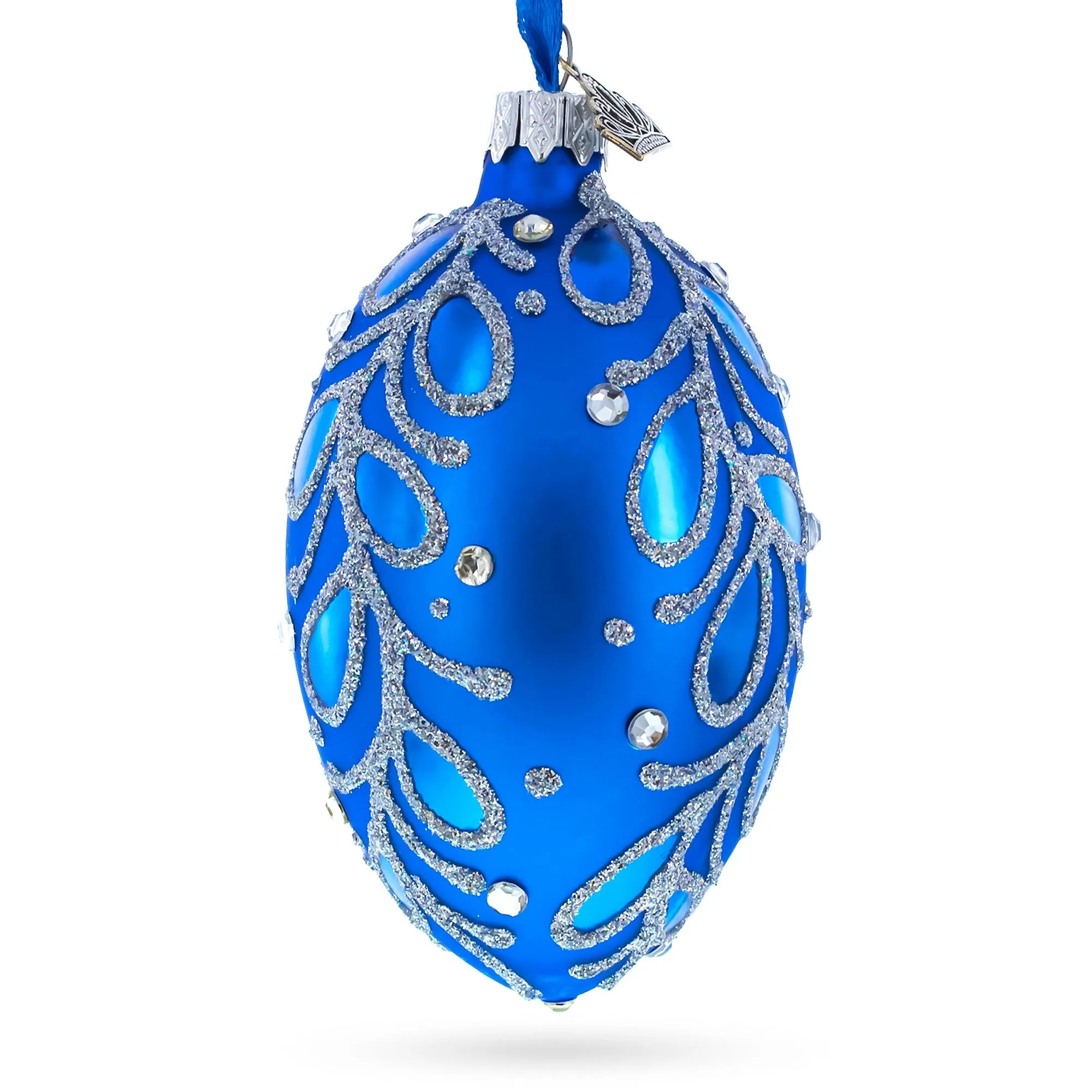 Blue Paisley Glass Egg Christmas Ornament 4 Inches