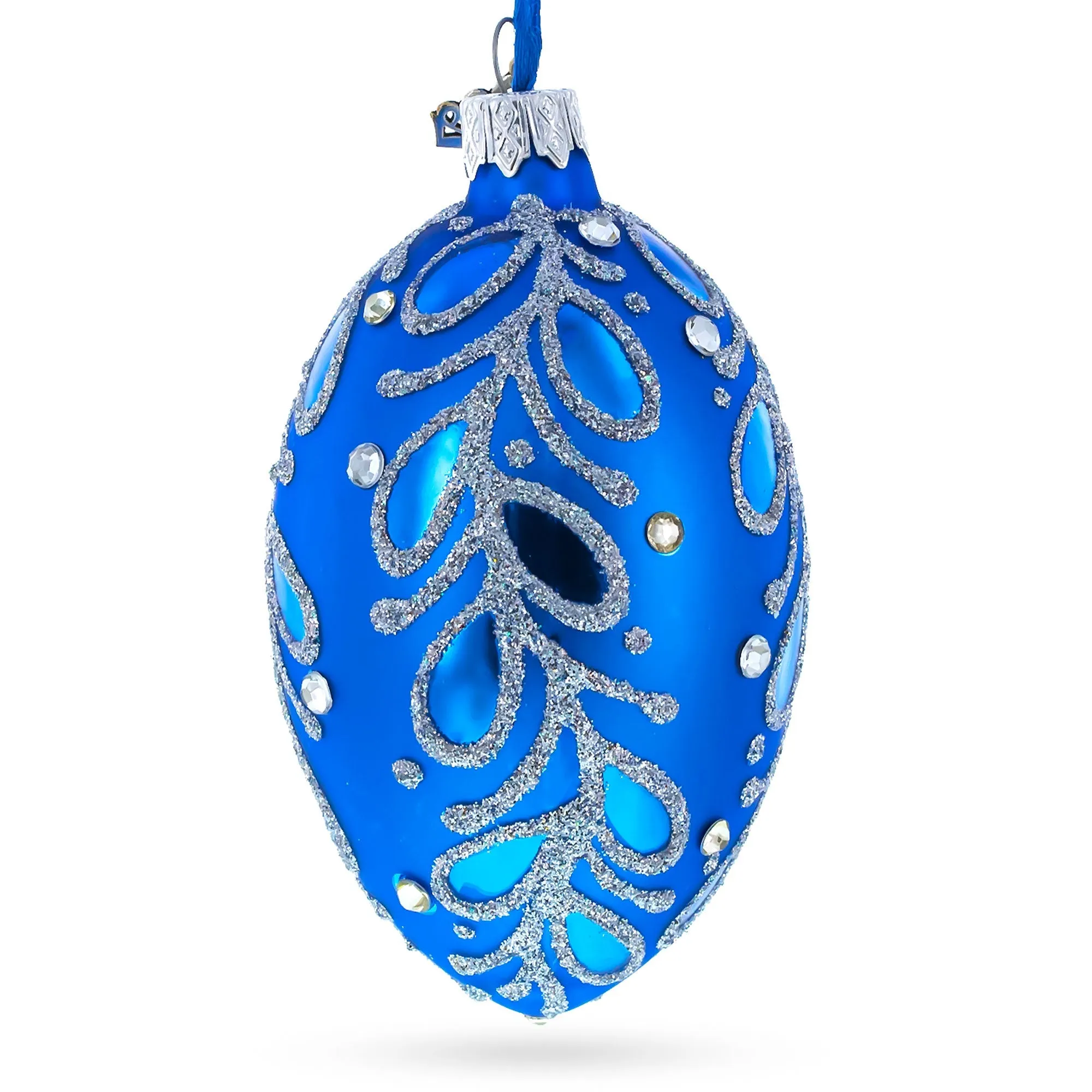 Blue Paisley Glass Egg Christmas Ornament 4 Inches