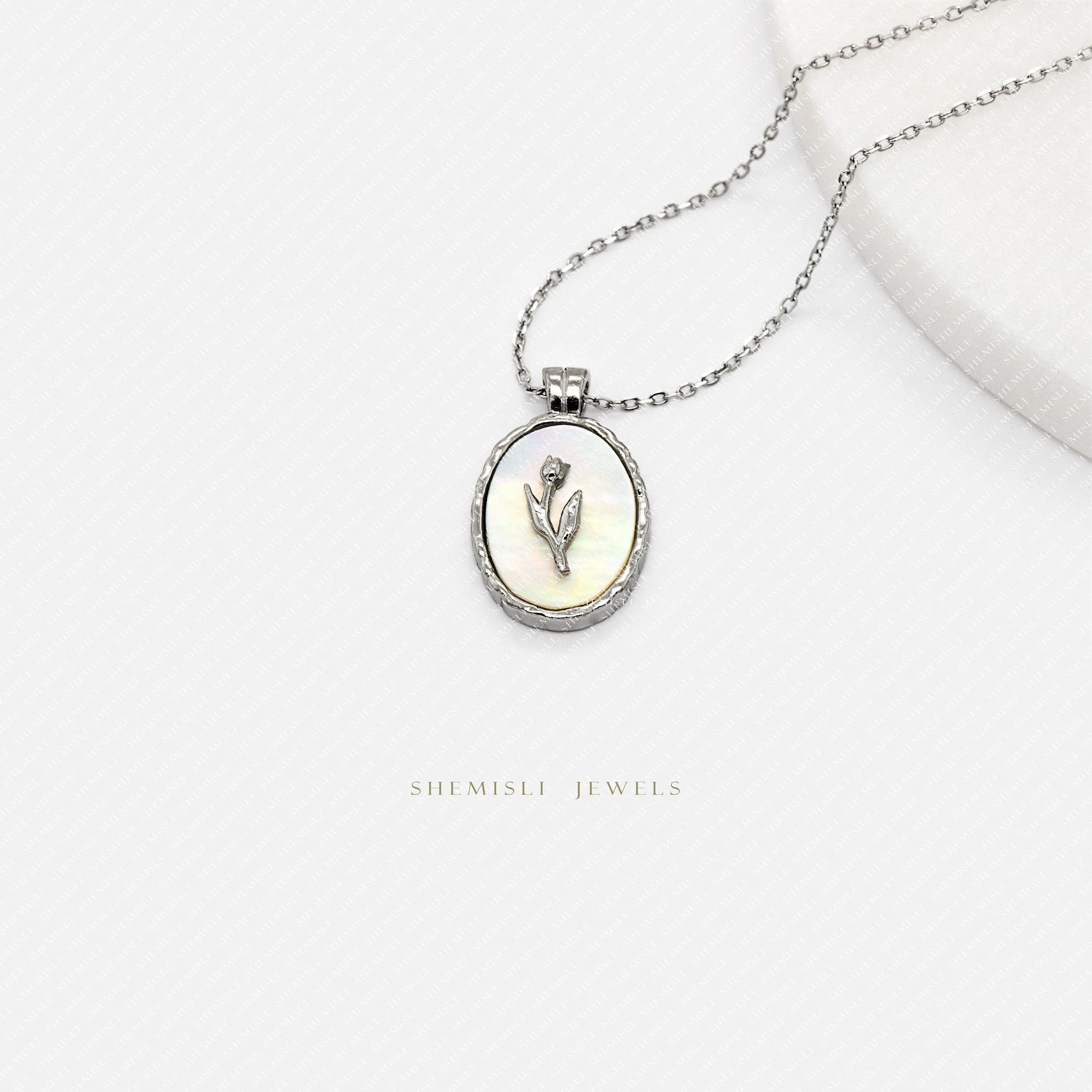 Carnation Flower on Mother of Pearl Oval Necklace, Silver or Gold Plated  (17.75") SHEMISLI - SN037