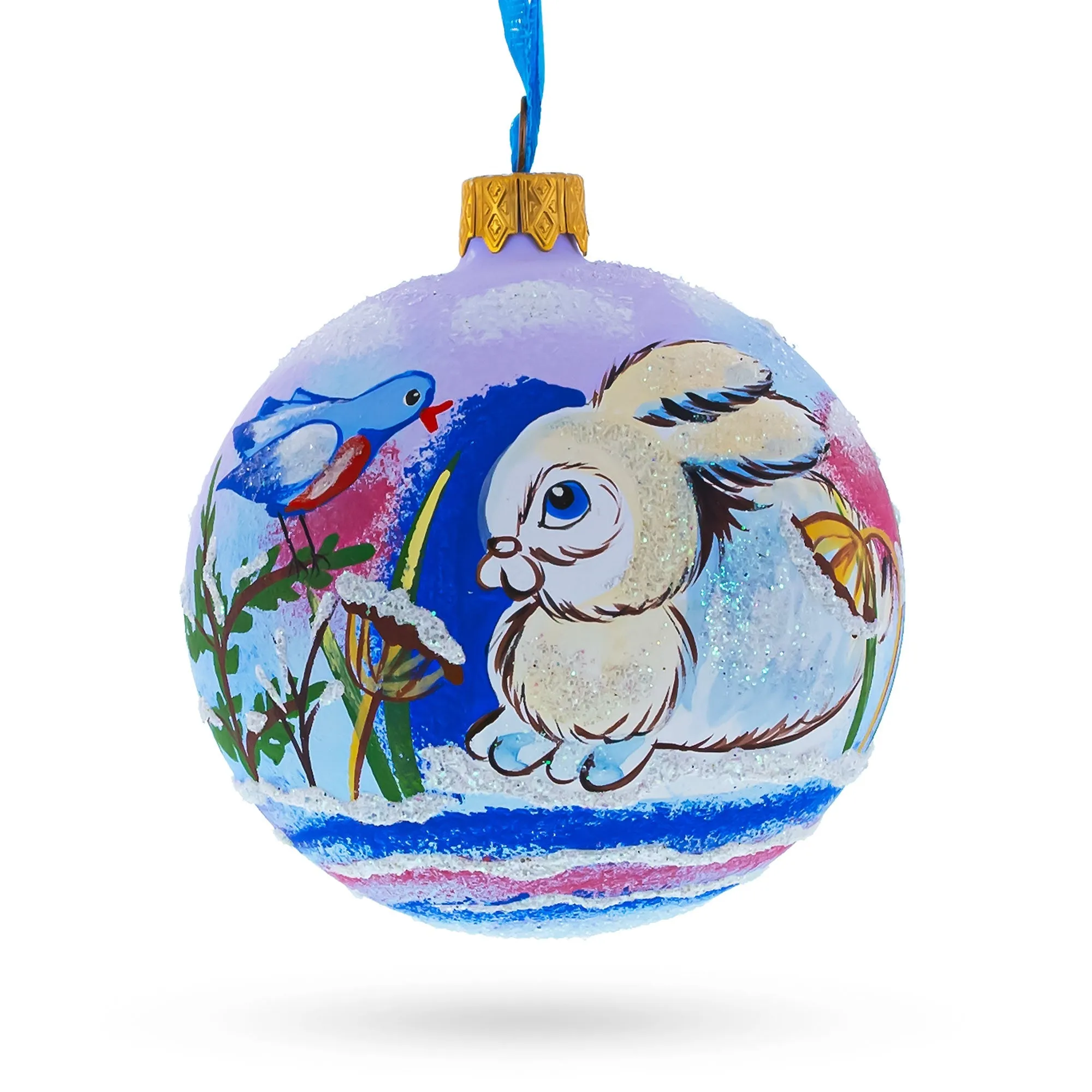 Charming Bunny Rabbit And Bird - Whimsical Blown Glass Ball Christmas Ornament  3.25 Inches