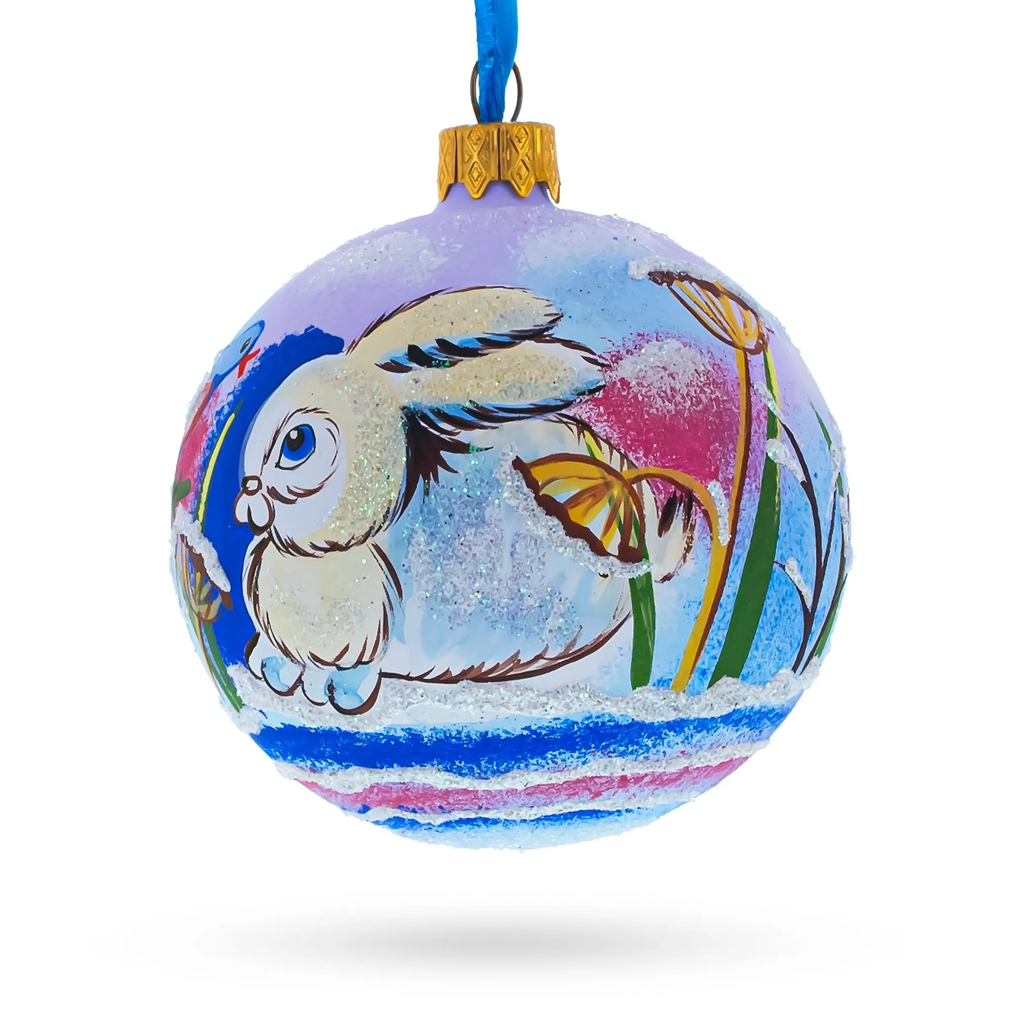 Charming Bunny Rabbit And Bird - Whimsical Blown Glass Ball Christmas Ornament  3.25 Inches