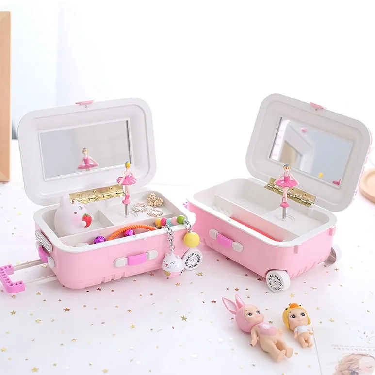 Creative Fun Suitcase Style Musical Jewelry BoxCosmetics Storage Boxes Rotating Ballerina Girl