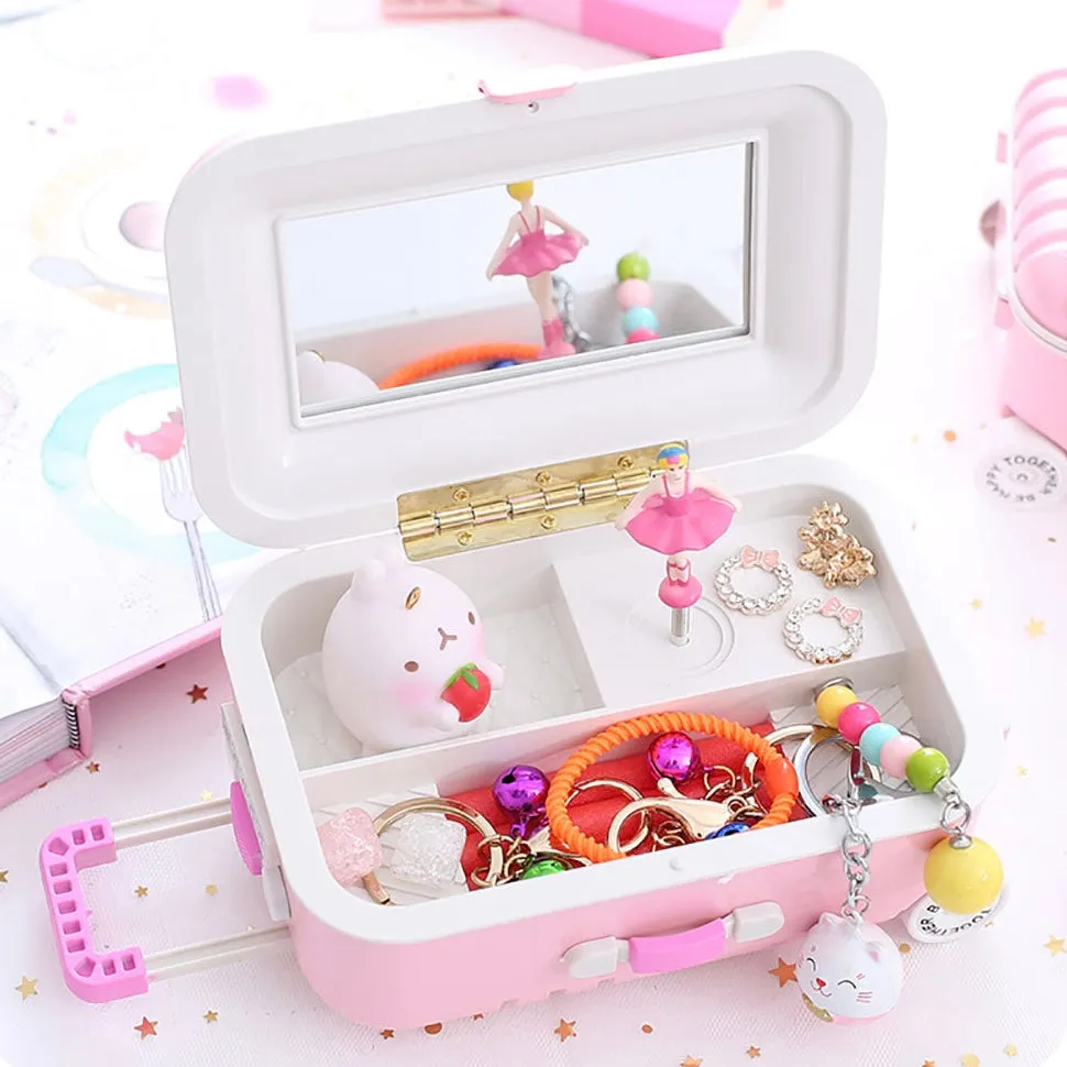 Creative Fun Suitcase Style Musical Jewelry BoxCosmetics Storage Boxes Rotating Ballerina Girl