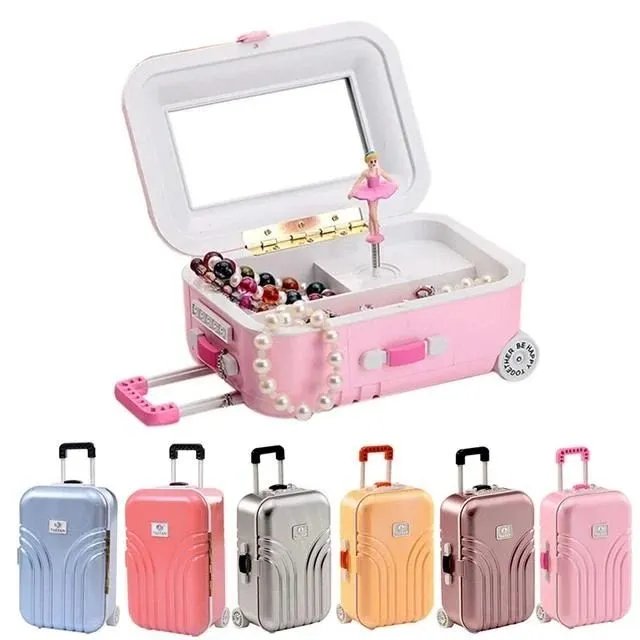 Creative Fun Suitcase Style Musical Jewelry BoxCosmetics Storage Boxes Rotating Ballerina Girl