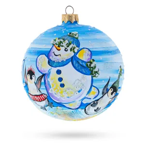 Delightful Snowman With Penguin: Artisan Blown Glass Ball Christmas Ornament 4 Inches