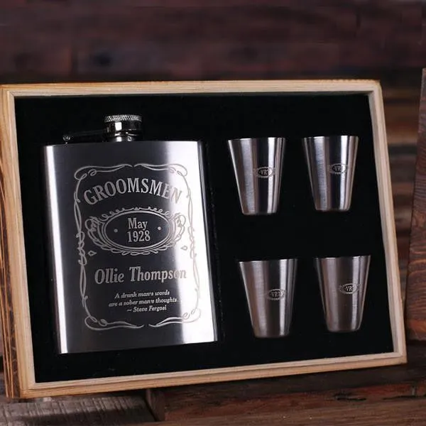 Personalised Gift Set with 210 mL Stainless Steel Flask and 4 Shot Glasses