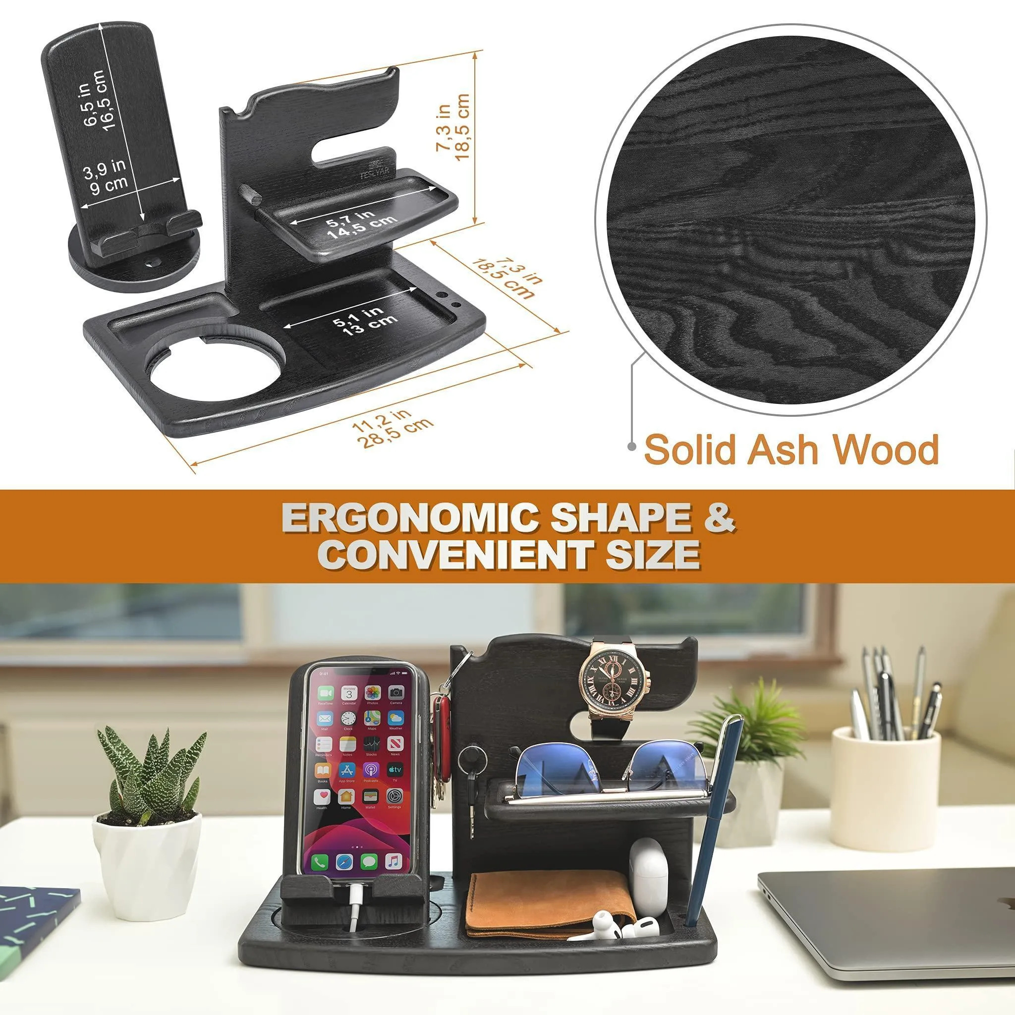 Phone Docking Station Ash Wood with Rotating Swivel Wallet Keys Watch Organizer