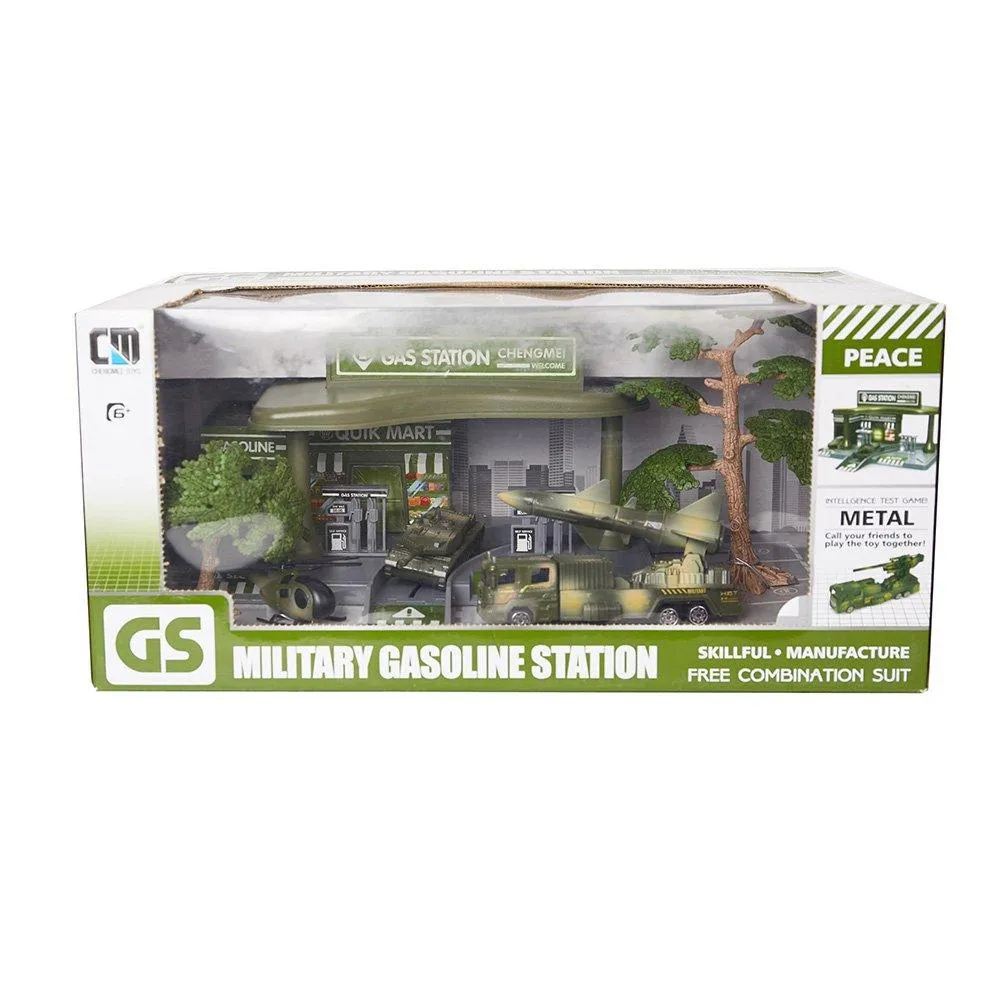 Pretend Toddler's Military Gasoline Station Toy Set with Cars, Green Color Army Men Vehicles