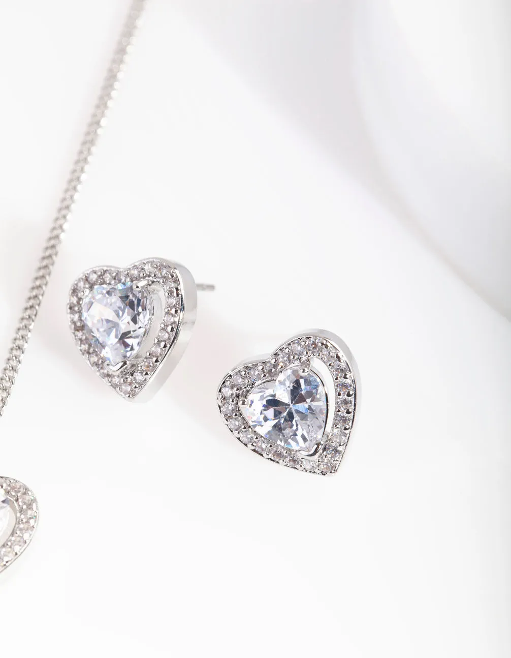 Rhodium Cubic Zirconia Boarder Heart Earring Necklace Set