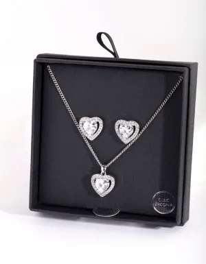 Rhodium Cubic Zirconia Boarder Heart Earring Necklace Set