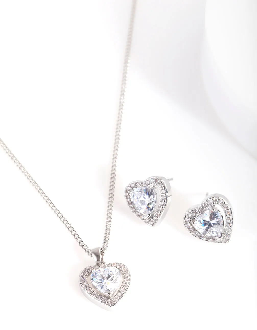 Rhodium Cubic Zirconia Boarder Heart Earring Necklace Set