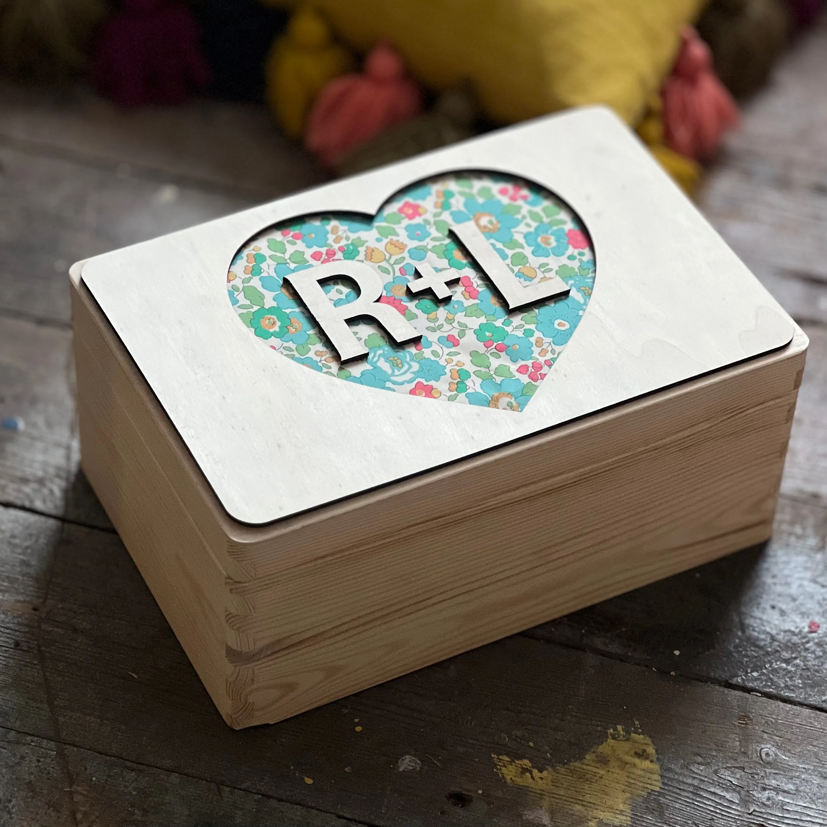 Wooden and Fabric Layered Heart and Inital Keepsake Box